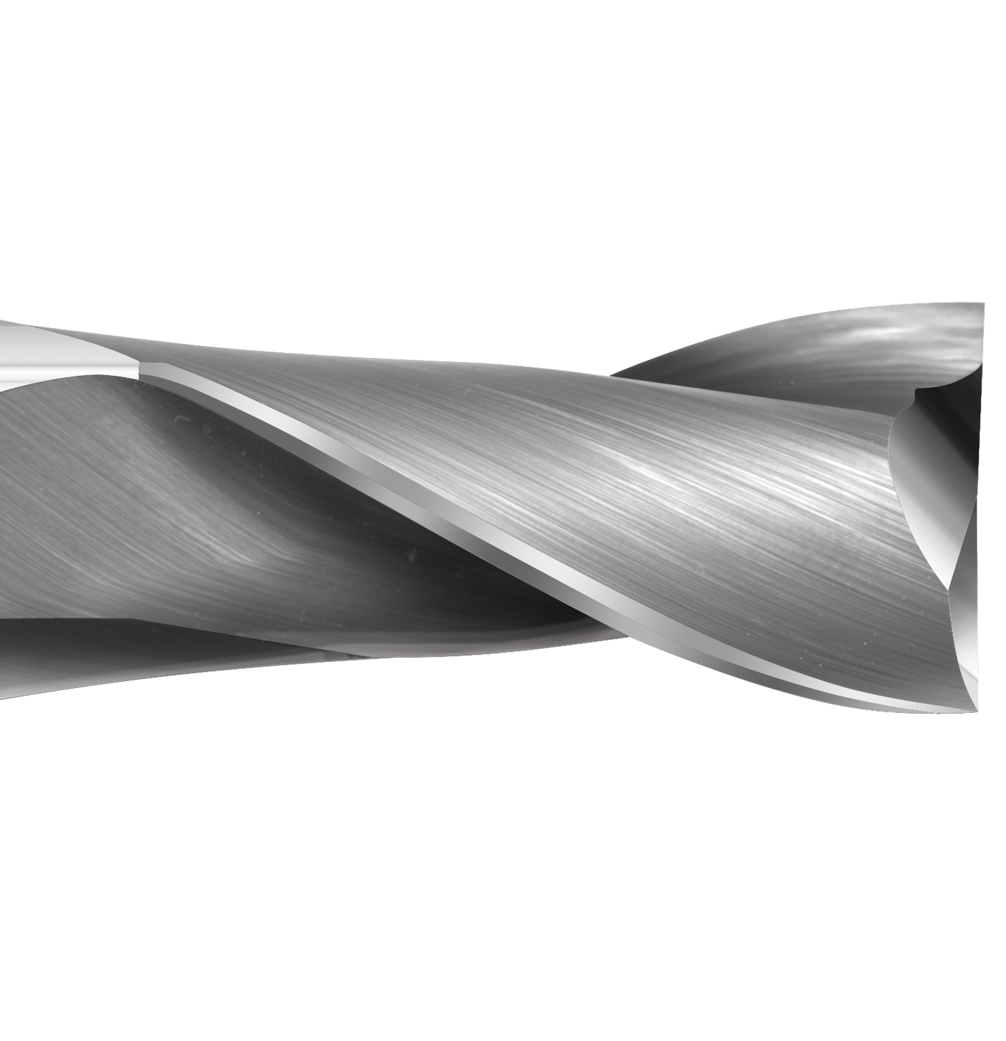 Detail photograph of the flutes on a Colton Cutting Tools 61149 | Carbide End Mill 2 Flute Square End Standard 1/2" Diameter x 1" LOC x 3" OAL end mill.