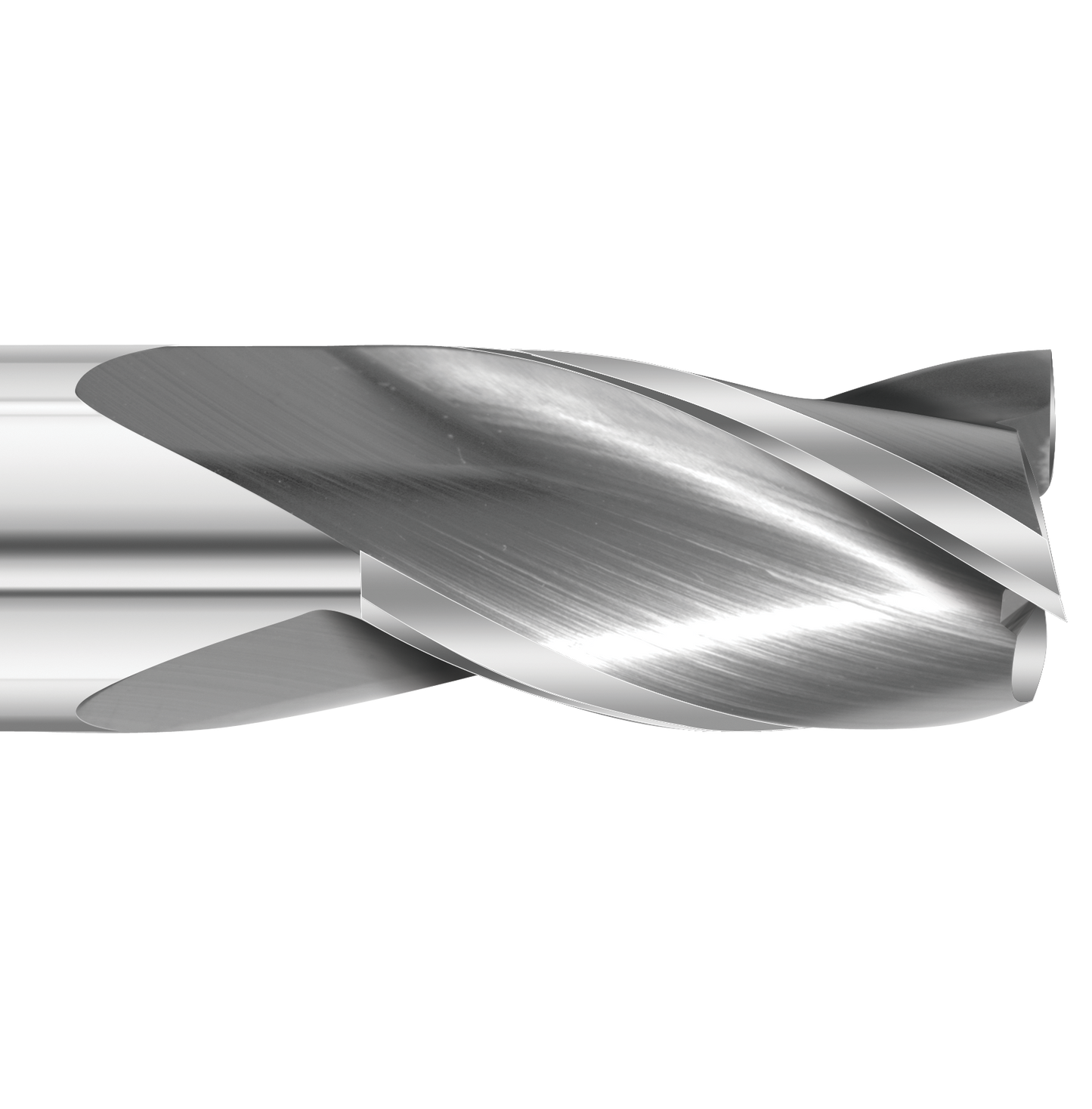 Detail photograph of the flutes on a Colton Cutting Tools 61162 | Carbide End Mill 3 Flute Square End Standard 7/16" Diameter x 1" LOC x 2 3/4" OAL end mill.