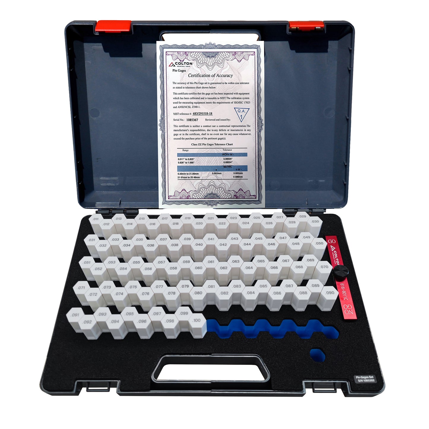 Colton Industrial Tools 46004 | 0.011" to 0.1" 90 Minus(-) Pin Gage Set with Handle - Class ZZ .0002" Accuracy