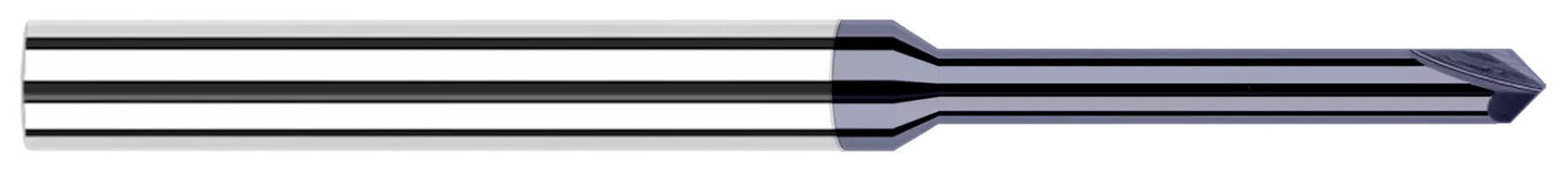 Photograph of a Harvey Tool 53515-C3 | 0.0930" (3/32) Neck DIA x 0.7500" (3/4) Reach x 15° per side Carbide Pointed Chamfer Cutter, 2 Flutes, AlTiN Coated