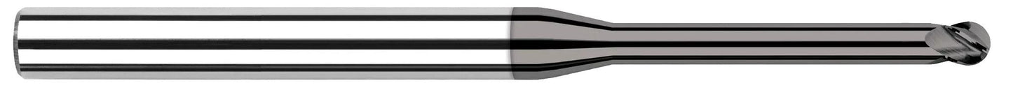 Photograph of a Harvey Tool 795208 | 0.1250" (1/8) Cutter DIA x 0.1870" (3/16) Length of Cut x 0.7500" (3/4) Reach Carbide Ball End Mill, 4 Flutes, CVD Diamond 9µm