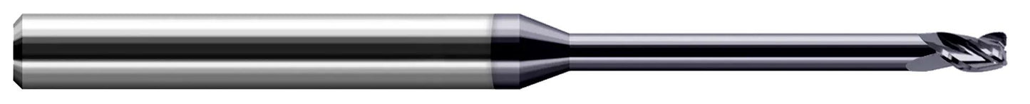 Photograph of a Harvey Tool 800331-C3 | 0.0310" (1/32) Cutter DIA x 0.0050" Radius x 0.4700" Length of Cut x 0.2500" (1/4) Reach Carbide Corner Radius End Mill, 4 Flutes, AlTiN Coated