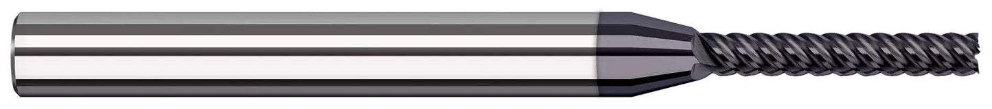Photograph of a Harvey Tool 890115-C6 | 0.0150" (1/64) Cutter DIA x 0.0620" (1/16) Length of Cut Carbide Square End Mill Finisher for Exotic Alloys, 4 Flutes, AlTiN Nano Coated