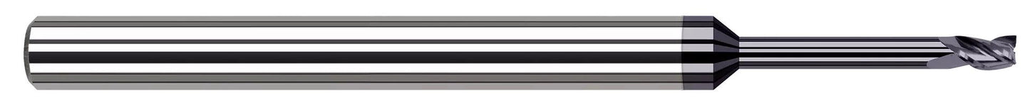 Photograph of a Harvey Tool 895520-C6 | 0.0200" (.5 mm) Cutter DIA x 0.0300" Length of Cut x 0.1200" Reach Carbide Square End Mill for Exotic Alloys, 3 Flutes, AlTiN Nano Coated