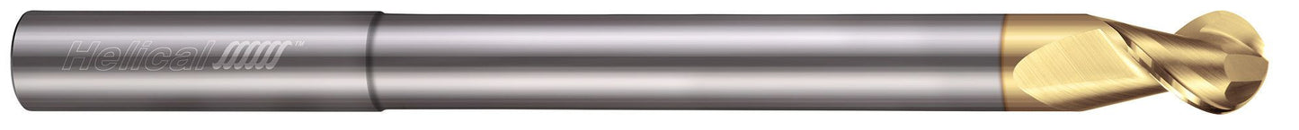 Photograph of a Helical Solutions 18182 |H45AL-RN-M-20312-BN 0.3125" (5/16) Cutter DIA x 0.3125" (5/16) Shank DIA x 0.4375" (7/16) Length of Cut x 4.0000" (4) Overall Length x 2.1250" (2-1/8) Reach Carbide 45° Helix Ball End Mill for Aluminum, 2 Flutes, ZPLUS Coated - (H45AL-RN-M-20312-BN)
