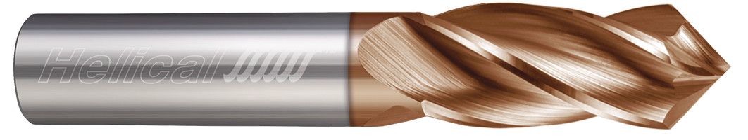 Photograph of a Helical Solutions 83756 |HCCM90-40375 0.3750" (3/8) Cutter DIA x 0.8750" (7/8) Length of Cut x 90° included Carbide Helical Tip Drill/End Mill, 4 Flutes, TPLUS Coated