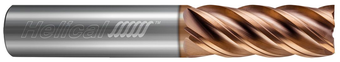 Photograph of a Helical Solutions 84088 |HSM-048-50078 0.0781" (5/64) Cutter DIA x 0.2500" (1/4) Shank DIA x 0.3750" (3/8) Length of Cut x 2.5000" (2-1/2) Overall Length Carbide Square End Mill for Stainless and High Temp, 5 Flutes, TPLUS Coated - (HSM-048-50078)