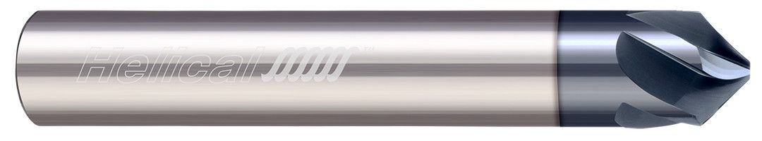 Photograph of a Helical Solutions 83870 |HPCM60-50187 0.1875" (3/16) Shank DIA x 60° Included Angle x 2.0000" (2) Overall Length X 0.0500" Tip DIA Carbide Chamfer Mill, 5 Helical Flutes, APLUS Coated - (HPCM60-50187)