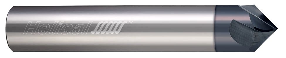Photograph of a Helical Solutions 83814 |HPCM90-20500 0.5000" (1/2) Shank DIA x 90° Included Angle x 3.0000" (3) Overall Length X 0.0100" Tip DIA Carbide Chamfer Mill, 2 Helical Flutes, APLUS Coated - (HPCM90-20500)