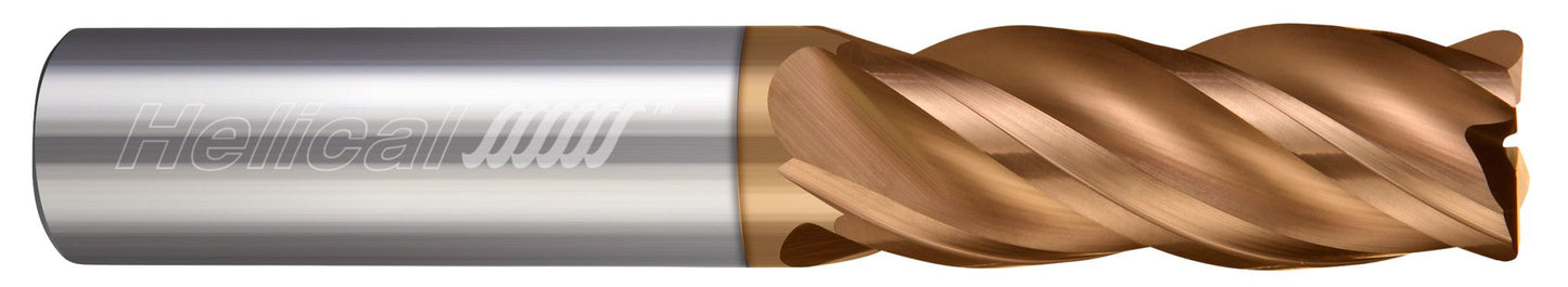Photograph of a Helical Solutions 84021 |HSM-050-40062-R.010 0.0625" (1/16) Cutter DIA x 0.2500" (1/4) Shank DIA x 0.0100" Radius x 0.3120" (5/16) Length of Cut x 2.5000" (2-1/2) Overall Length Carbide Corner Radius End Mill for Stainless and High Temp, 4 Flutes, TPLUS Coated - (HSM-050-40062-R.010)