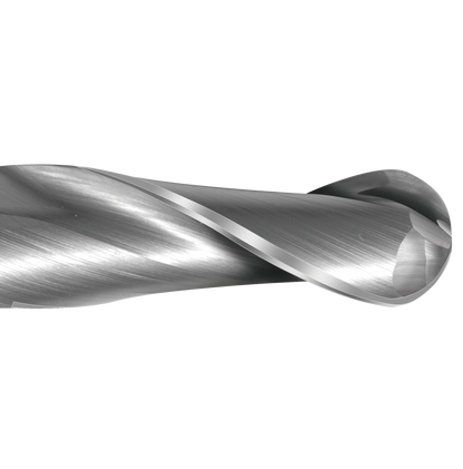 Detail photograph of the flutes on a Colton Cutting Tools 61524 | Carbide End Mill 2 Flute Ball End Long 3/16" Diameter x 1 1/4" LOC x 3" OAL end mill.