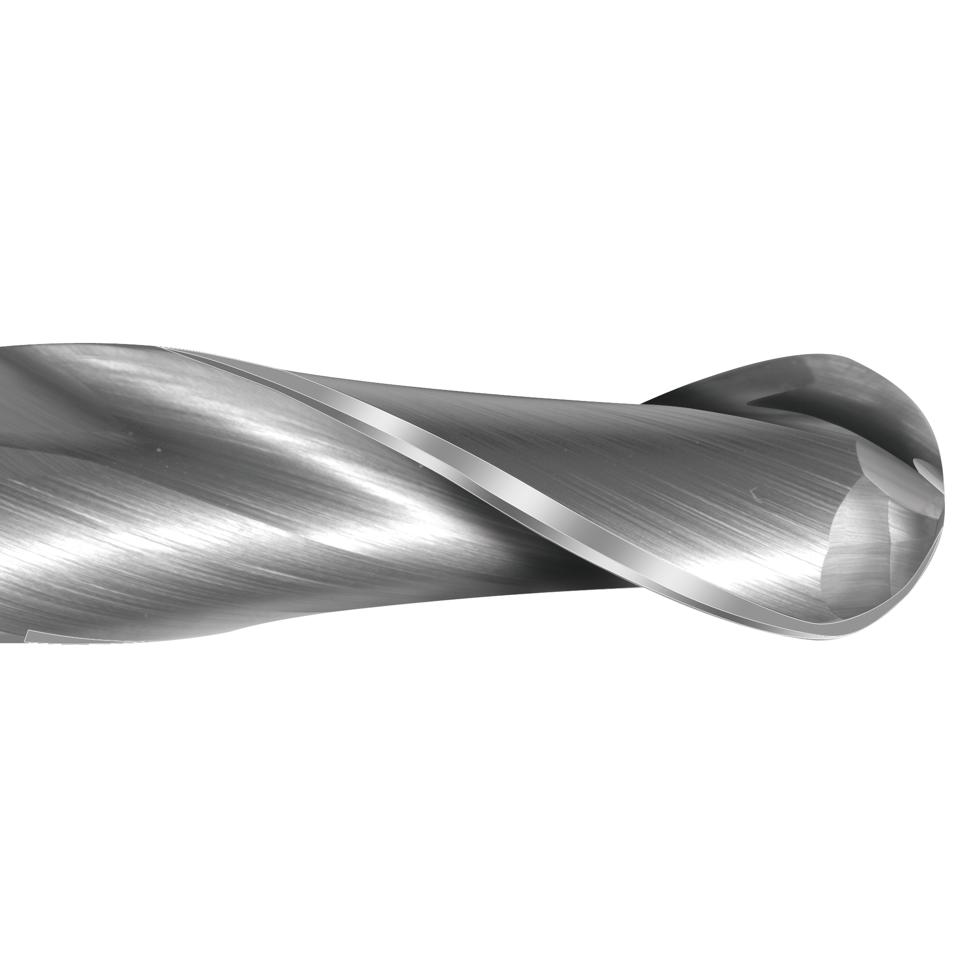 Detail photograph of the flutes on a Colton Cutting Tools 61520 | Carbide End Mill 2 Flute Ball End Stub 1/8" Diameter x 1/4" LOC x 1 1/2" OAL end mill.