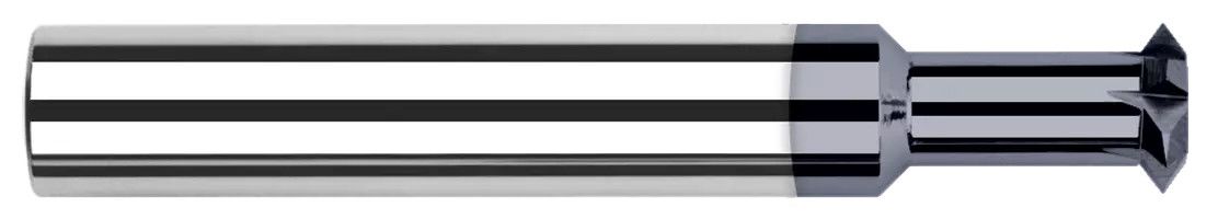Photograph of a Harvey Tool 838806 | 0.0930" (3/32) Cutter DIA x 0.0460" Width x 0.1410" Neck Length Carbide Double Angle Shank Cutter, 4 Flutes