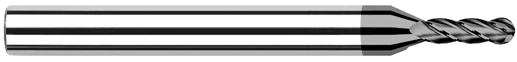 Photograph of a Harvey Tool 799515 | 0.0150" (1/64) Cutter DIA x 0.0450" Length of Cut Carbide Ball End Mill, 4 Flutes, CVD Diamond 4Âµm
