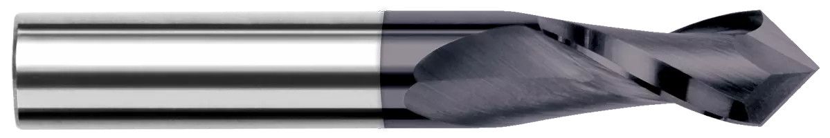 Photograph of a Harvey Tool 985524-C8 | 0.3750" (3/8) Cutter DIA x 0.8750" (7/8) Length of Cut x 120Â° included Carbide Drill/End Mill, 2 Flutes, TiB2 Coated
