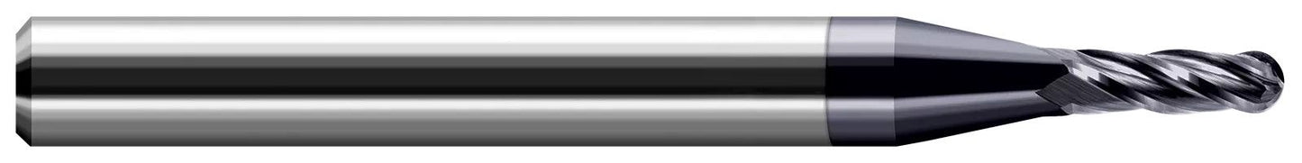 Photograph of a Harvey Tool 74363-C3 | 0.0630" (1.6 mm) Cutter DIA x 0.1890" Length of Cut Carbide Ball End Mill, 4 Flutes, AlTiN Coated
