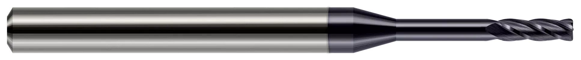 Photograph of a Harvey Tool 877712-C3 | 0.1875" (3/16) Cutter DIA x 0.0100" Radius x 0.5630" Length of Cut x 1.5000" (1-1/2) Reach Carbide Corner Radius End Mill, 4 Flutes, AlTiN Coated