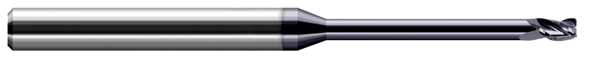Photograph of a Harvey Tool 800331-C3 | 0.0310" (1/32) Cutter DIA x 0.0050" Radius x 0.4700" Length of Cut x 0.2500" (1/4) Reach Carbide Corner Radius End Mill, 4 Flutes, AlTiN Coated