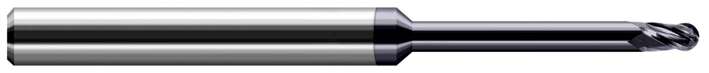 Photograph of a Harvey Tool 797531-C6 | 0.0310" (1/32) Cutter DIA x 0.0460" Length of Cut x 0.1870" (3/16) Reach Carbide Ball End Mill for Exotic Alloys, 4 Flutes, AlTiN Nano Coated