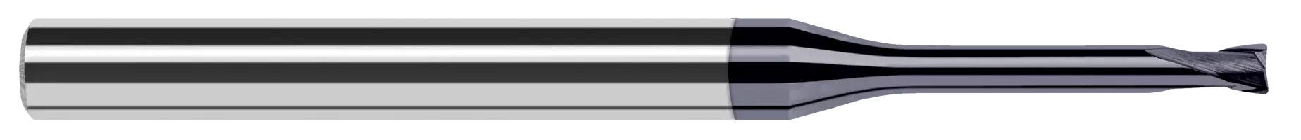 Photograph of a Harvey Tool 938720-C6 | 0.0200" (.5 mm) Cutter DIA x 0.0040" Radius x 0.0160" Length of Cut x 0.0620" (1/16) Reach Carbide Corner Radius End Mill for Hard Milling, 4 Flutes, AlTiN Nano Coated
