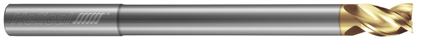 Photograph of a Helical Solutions 83558 |H40ALV-RN-X-30187 0.1875" (3/16) Cutter DIA x 0.1875" (3/16) Shank DIA x 0.2187" (7/32) Length of Cut x 3.0000" (3) Overall Length x 1.5000" (1-1/2) Reach Carbide 40Â° Helix Square End Mill for Aluminum, 3 Flutes, ZPLUS Coated - (H40ALV-RN-X-30187)