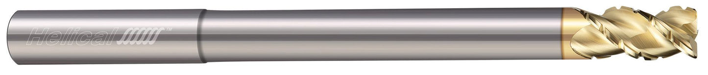 Photograph of a Helical Solutions 82754 |H45AL-C-RN-ML-30250-R.020 0.2500" (1/4) Cutter DIA x 0.2500" (1/4) Shank DIA x 0.0200" Radius x 0.3750" (3/8) Length of Cut x 4.0000" (4) Overall Length x 2.5000" (2-1/2) Reach Carbide 45Â° Helix Corner Radius End Mill for Aluminum, 3 Flutes, ZPLUS Coated - (H45AL-C-RN-ML-30250-R.020)