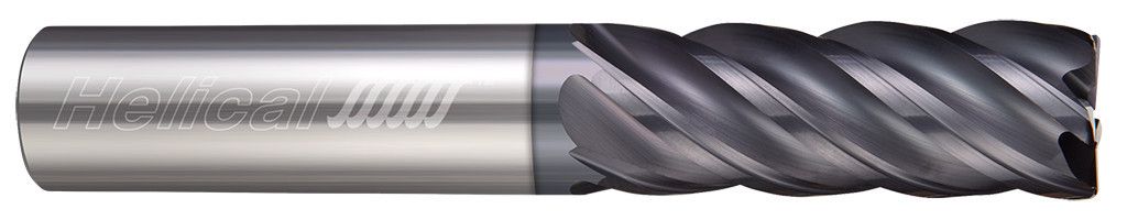 Photograph of a Helical Solutions 45152W |HEV-M-50250-R.030 0.2500" (1/4) Cutter DIA x 0.2500" (1/4) Shank DIA x 0.0300" Radius x 1.0000" (1) Length of Cut x 3.0000" (3) Overall Length Carbide Corner Radius End Mill for Steel, 5 Flutes, APLUS Coated - (HEV-M-50250-R.030)