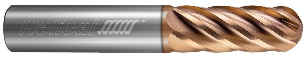 Photograph of a Helical Solutions 83371 |HEV-R-60625-BN 0.6250" (5/8) Cutter DIA x 0.6250" (5/8) Shank DIA x 1.6250" (1-5/8) Length of Cut x 3.5000" (3-1/2) Overall Length Carbide Ball End Mill for Stainless and High Temp, 6 Flutes, TPLUS Coated - (HEV-R-60625-BN)