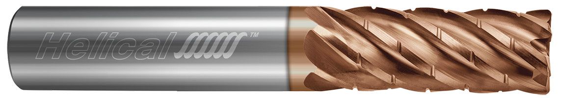 Photograph of a Helical Solutions 83153 |HEV-C-S-60500-R.030 0.5000" (1/2) Cutter DIA x 0.5000" (1/2) Shank DIA x 0.0300" Radius x 0.6250" (5/8) Length of Cut x 2.5000" (2-1/2) Overall Length Carbide Corner Radius End Mill for Stainless and High Temp, 6 Flutes, TPLUS Coated - (HEV-C-S-60500-R.030)