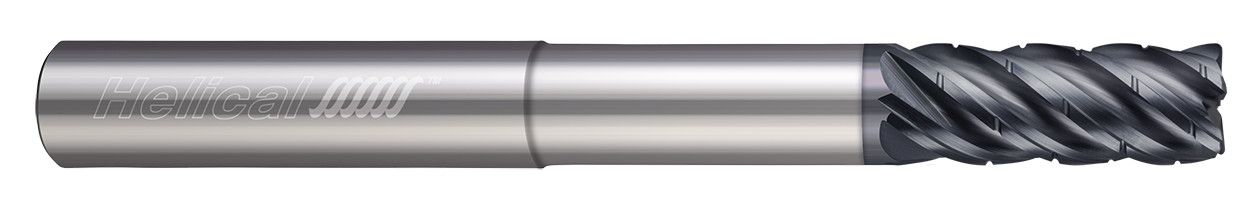 Photograph of a Helical Solutions 82903 |HEV-C-RNR-M-50500-R.030 0.5000" (1/2) Cutter DIA x 0.5000" (1/2) Shank DIA x 0.0300" Radius x 1.2500" (1-1/4) Length of Cut x 6.0000" (6) Overall Length x 3.3750" (3-3/8) Reach Carbide Corner Radius End Mill for Steel, 5 Flutes, APLUS Coated - (HEV-C-RNR-M-50500-R.030)