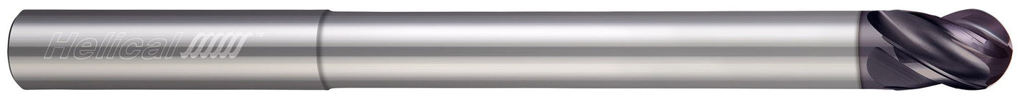 Photograph of a Helical Solutions 83512 |HSV-RN-LX-40125-BN 0.1250" (1/8) Cutter DIA x 0.1250" (1/8) Shank DIA x 0.1562" (5/32) Length of Cut x 3.0000" (3) Overall Length x 1.0000" (1) Reach Carbide Ball End Mill for Steel, 4 Flutes, APLUS Coated - (HSV-RN-LX-40125-BN)