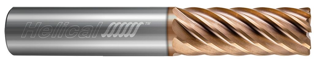 Photograph of a Helical Solutions 83519 |HXF-M-070375-R.020 0.3750" (3/8) Cutter DIA x 0.3750" (3/8) Shank DIA x 0.0200" Radius x 1.2500" (1-1/4) Length of Cut x 3.0000" (3) Overall Length Carbide Corner Radius End Mill for Stainless and High Temp, 7 Flutes, TPLUS Coated - (HXF-M-070375-R.020)