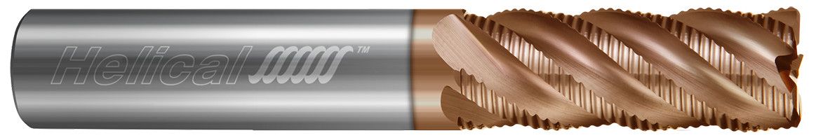 Photograph of a Helical Solutions 83487 |HXVR-R-50375-R.040 0.3750" (3/8) Cutter DIA x 0.3750" (3/8) Shank DIA x 0.0400" Radius x 1.0000" (1) Length of Cut x 3.0000" (3) Overall Length Carbide Corner Radius End Mill for Stainless and High Temp, 5 Flutes, TPLUS Coated - (HXVR-R-50375-R.040)