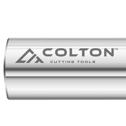 An image of the Colton Industrial Tools logo etched onto an end mill.