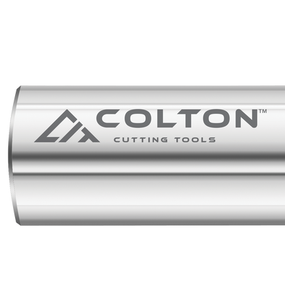 Photograph of the Colton logo engraved on an end mill.